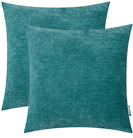 HWY 50 Chenille Kissenbezüge 55x55 cm blaugrün 2er Set, weiche gemütliche dekorative Sofakissenbezüge für Sofa Wohnzimmer Bett Couch