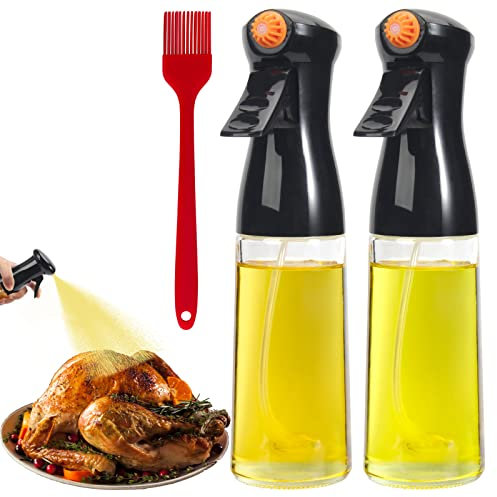 TAOUNOA 210ml Glasses Oil Sprayer - 2pcs Olive Oil Sprayer with Brush 7 OZ Oil Sprayer for Cooking Mist Oil Spray Bottle for Kitchen Air Fryer, Salad, Baking, Grilling, Frying, Black