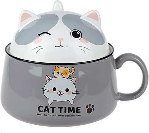 EdirFtra Instant Nudelschale mit Deckelstudent Keramik Ramen Suppenschale Schlaf Süßes Lunchbox Mädchen mit Griffmikrowellenschüssel 1020 ml.,C