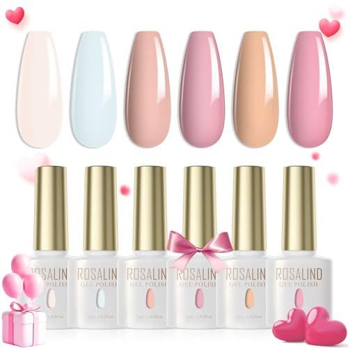 ROSALIND UV Nagellack Pastell,6 Farben Hellrosa Hellblau Rosa Nude Jelly Set Farbgel für Gelnägel UV LED Gel Nail Polish Valentinstag Für UV Lampe Nagel Salon Design