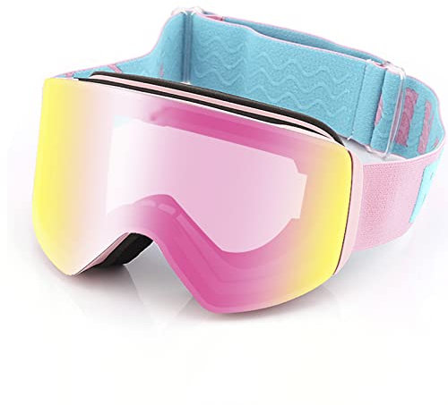 PJDDP Maschera da Sci OTG per Uomini e Donne, Occhiali da Sci Protezione UV & Anti Nebbia, Lente Intercambiabili Magnetico, Maschera Snowboard per Sport Invernali,Rosa