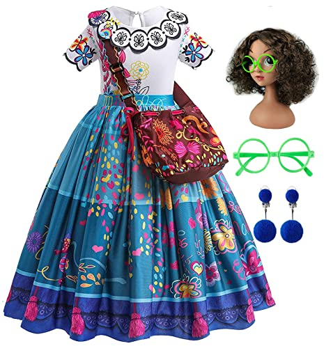 Mirabel Encanto Kostüm Kinder Kleid Mirabel Cosplay Kostüm mit Taschen Brille Perücke und Ohrringen für Mädchen Halloween Karneval Geburtstag Party Kleidung, Blau 150