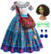 Mirabel Encanto Kostüm Kinder Kleid Mirabel Cosplay Kostüm mit Taschen Brille Perücke und Ohrringen für Mädchen Halloween Karneval Geburtstag Party Kleidung, Blau 150