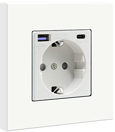 BSEED Enchufe de pared con 1 USB y 1 Tipo C,Blanco 16Amp Schuko Enchufe Simple on Panel de Plastico,toma de corriente con cargadores USB-Max.2.1A,20W Cargador USB C adecuado para Smartphone MP3 Tablet