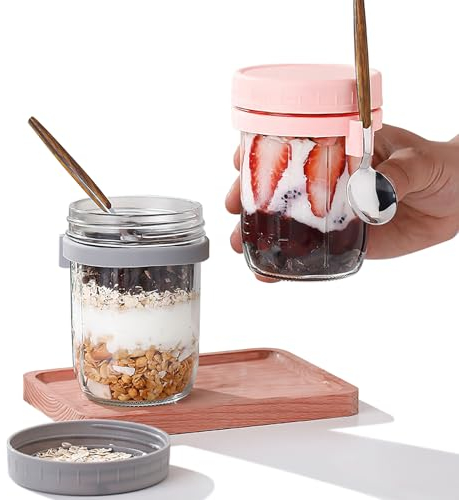 YAKLEE Overnight Oats Gläser 2 Stück 400ml Overnight Hafergläser mit Deckel und Löffel, Luftdicht Glas Müslibecher, Einmachgläser für Jogurt Müsli Cereal Porridge Milch Arbeit Schule(Pink + Grau)