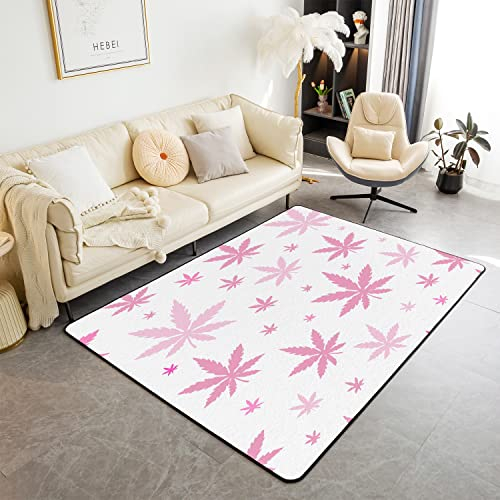 Loussiesd Marihuana Weed Leaf Area Teppich 150x200cm Cannabisblätter Wohnzimmer Teppiche Dekorativer Teppich Botanische Pflanzen Drucken Innenbodenmatte Natürliches Thema Rosa Weiß Akzent Teppich