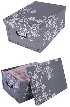 Kreher® 2 Stück Aufbewahrungsbox mit Deckel, Deko Papp-Karton, Stapelbox, 45 Liter mit Griffen, 51 x 37 x 24 cm (Barock Blume Grau)