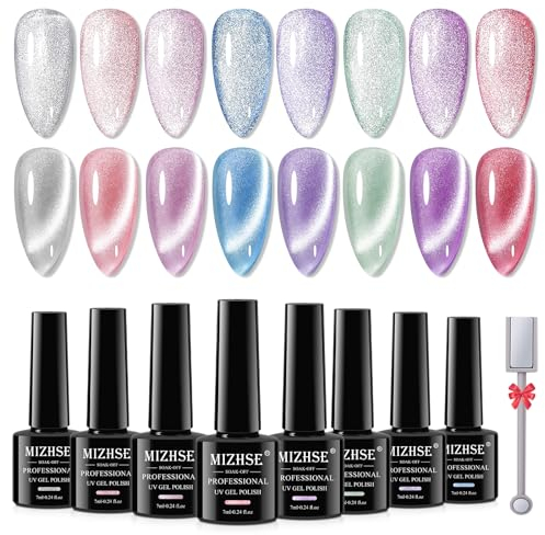 MIZHSE UV Nagellack Set - 8 Farben Cat Eye UV Gel Nagellack Glitzer Cateye Magnet Shinning Reflektierender Cateye UV Gel Katzenaugen Gel Cat Eye Gel Nail Polish UV Lacke Für Nägel mit Magnetstiften