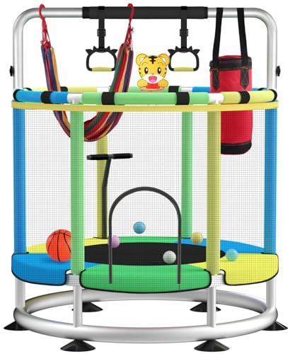 BLINWORLD Kinder Trampolin Indoor Outdoor - 55 Zoll, 200 kg belastbar, mit Sicherheitsnetz, Basketballkorb, Ringen
