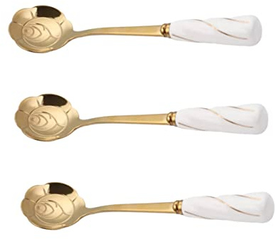 MAGICLULU 3pcs Stainless Steel Petal Shaped Spoons Ceramic Handle for Mixing Drinks Coffee Cake Dessert Rose Design Reusable (White Gold)