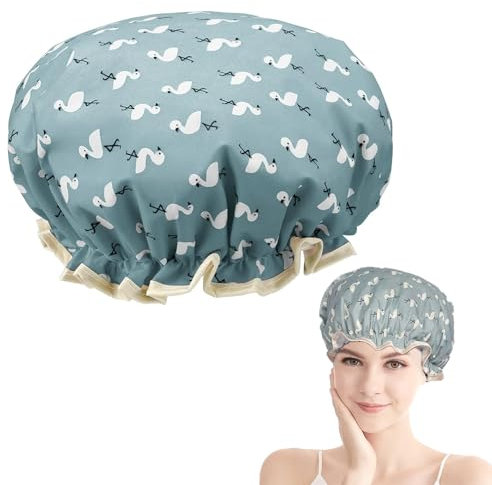 Double Layer Shower Cap for Women Waterproof Reusable Elastic Band, Ruffled Edges Covering Ears for Long, Short & Curly Hair (Blue Bird)