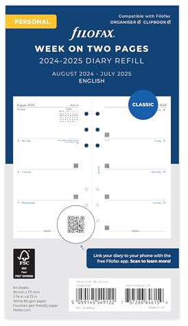 Filofax Persönlicher Wochenkalender auf zwei Seiten, Jahresmitte August 24. bis 25. Juli