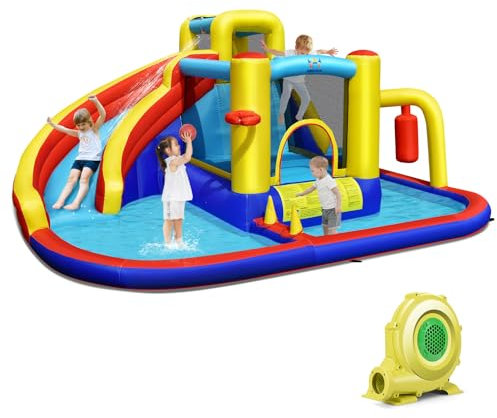 GYMAX 7 in 1 Kids Bouncy Castle with 680W Blower, Inflatable Water Park with Slide, Jumping Area, Climbing Wall, Basketball Hoop, Ring-toss Game & Pendulum, Children Bounce House for 3-10 Years Old