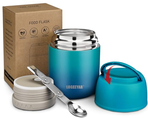 Itslife Thermobehälter für Essen 500ml Thermobehälter Edelstahl Warmhaltebehälter mit faltbaren Löffel, Thermo Lunchbox für Heißfutter Kinder Erwachsene für die Schule, Büro (Blau-Grün)