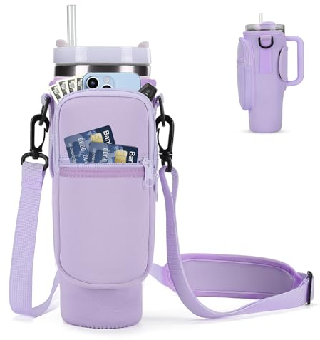 GOEWY Water Bottle Carrier Bag for Stanley 30oz Tumbler with Phone Pocket Water Bottle Holder with Strap Neoprene Water Bottle Pouch for Stanley Cup Accessories, Light Purple, 30oz, Water Bottle