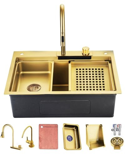 Gold Nano Küchen-Wasserfall-Spülenset Mit Multifunktionalem Ausziehbarem Wasserhahn. Komplettes Vielseitiges Workstation-Bar-Prep-Spülenpaket. Tiefe Einzelspüle. Platzsparende Spüle. ( Color : Gold ,