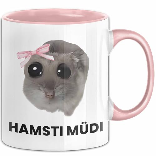 Sad Hamster Meme Lustige Tasse Hamsti Trauriger Hamster Büro Kaffee-Becher Hamsti Müdi (Rosa)