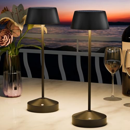 RWWR Solar Tischlampe LED 2er-Pack Outdoor 3000K Touch-Schalter 2-in-1 Aufladung Tischlampe kabellos Akku Tischleuchte aufladbar dimmbar IP44 für Camping Garten Balkon Terrasse​