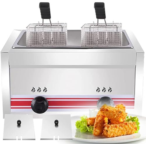 20L Commercial Countertop Gas Deep Fat Fryer Dual Tanks with 2*Basket& Lid | Stainless Steel Deep Fryer for French Fries Home Kitchen Restaurant,10L+10L