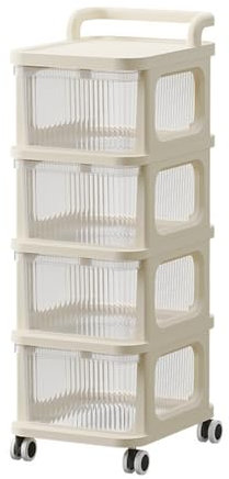 2/3/4/5-Layers Storage Rack on Wheels Storage Box Shelf Plastic Bedside Table on Wheels, White Cupboard Clothes/Shoes/Toys/Snack Organizer Cart for Living Room/Bedroom/Hallway/Office (4 Drawers)