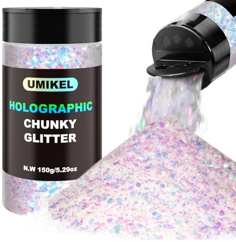Glitter, 150G/5.29OZ Holographic Glitter, Chunky Glitter, Craft Glitter for Resin Festival Cosmetic Chunck Glitter Flakes Sequins for Body, Face, Crafts (Iridescent White)