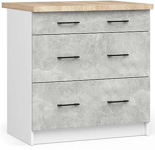 3E 3xE living.com Freistehender Küchenschrank: DREI Schubladen, Farbe: Weiß | Beton, A: B: 80 cm, H: 85 cm, T: 46 cm.