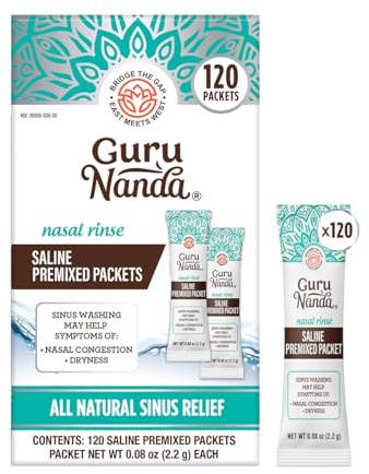 GuruNanda PreMixed Saline Packets for Nasal Rinse (120 Count), All Natural Sinus Rinse Packets to Help with Allergies & Congestion Relief, 0.08oz Each