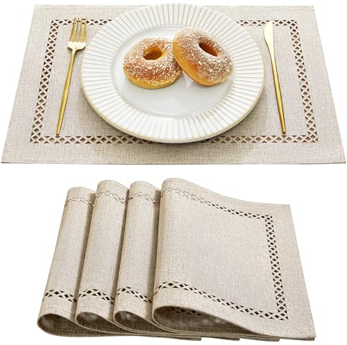 Aoztio Bauernhaus Leinen Stil Platzsets, Tischset 4er Set 30 x 45 cm, Leinen-Optik Rustikale-Geometrische Lochmuster Platzsets, abwaschbar für Essen, Partys und täglichen Gebrauch - Kaffee