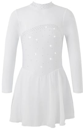 DUNSBY Eiskunstlauf Kleid Mädchen Kinder Mädchen Glänzende Strass Lange Ärmel Schlüsselloch Zurück Tanzen Trikot Kleid Kinder EIS Roller Eiskunstlauf Kleid Tanz kostüm(White,8)