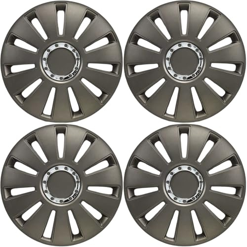Radkappen 17 Zoll Grau Matt mit Chromring 4er Satz Radzierblenden | Passend für 17 Zoll Stahlfelgen: VW Tiguan Caddy, Skoda Kodiaq Karoq, Seat Tarraco, Audi Q3, Ford Kuga, Peugeot 3008