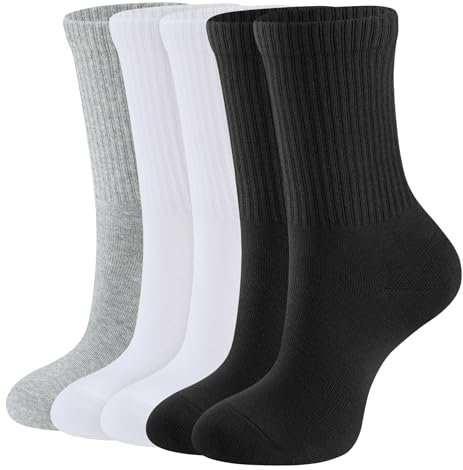 CLOSEMATE 5 Paar Tennissocken Damen Laufsocken Strümpfe Sportsocken Wadenstrümpfe Atmungsaktive Baumwollsocken Gekämmte Baumwolle Damensocken Crew Socks 2Weiß 2Schwarz 2Hellgrau Größe S 35-38