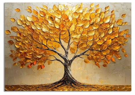 XENIOU baum des lebens wanddeko Ein Baum mit goldenen Blättern wandbild baum, leinwand bilder, für Wohnzimmer, Schlafzimmer, Büro, drinnen gold, U-60x90cm Ungerahmt