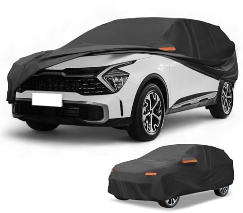 Partuto Autoabdeckung Wasserdicht UV-Schutz Für Kia Sportage 1 STK. | Schwarz, 190T-PU, 462x185x150cm, Reflektierende Streifen, Außen, Reißverschlüsse, Elastisches Seil