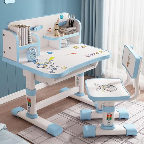 Haibinsuo Kids Functional Desk and Chair Set, Height Adjustable Children School Study Table Chair Set Toddler Ergonomic Desk Chair Students Desk Chair with Large Writing Board Bookshelf and Book Buc