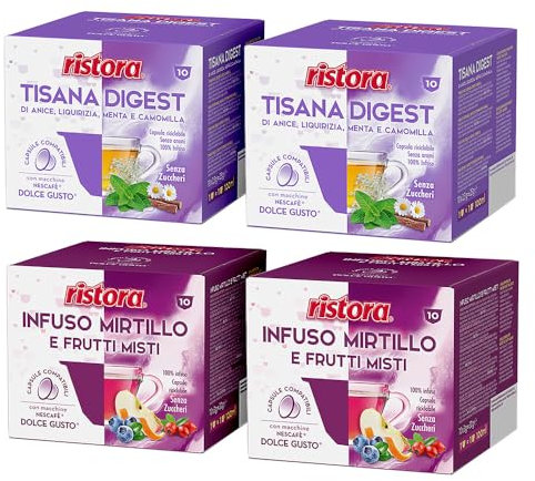 Set 80 Capsule Ristora Compatibili con le Macchine ad uso domestico Nescafè®* Dolce Gusto®* 40 Tisana digest 40 Infuso mirtilli frutti rossi