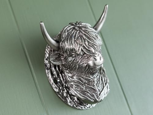 Highland Cow Door Knocker for Front Door | Pewter Finish | Polished Solid Brass Knockers Strike Plate | Composite | Front Door Furniture Brass bee