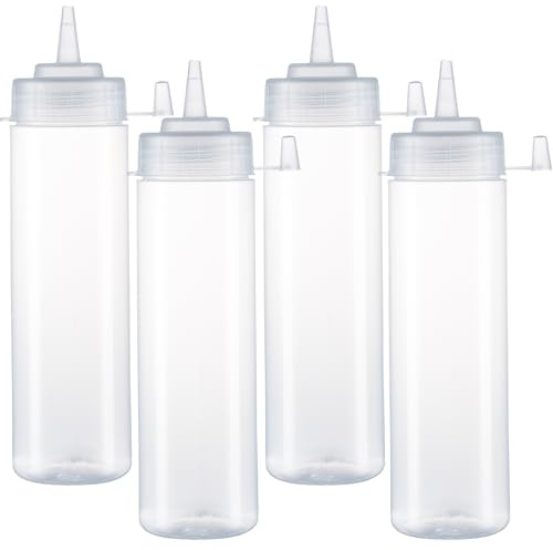HR Hogar - Botella de Salsas Exprimible - 4 Piezas de 500 mL - Dispensadores Reutilizables y Reciclables | Fabricado en España | Biberón Cocina Sin BPA con Tapón Antifugas Sin Goteo (Transparente)