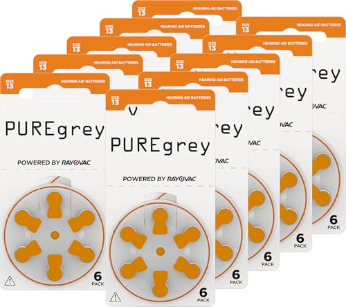 Purregrey - Batterie per apparecchi acustici, tipo 13-60 pezzi, progettate per massime prestazioni, confezione da 10 blister da 6 batterie per apparecchi acustici, codice colore arancione PR48, 1,45