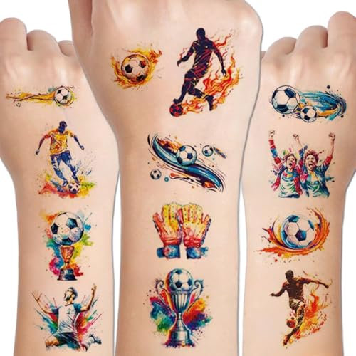 Football Temporary Tattoos, 12 Sheets Football Temporary Glitter Tattoo Children, Face Stickers, Party Gifts for Boys, School Cone Filling Boys, Birthday Party Supplies
