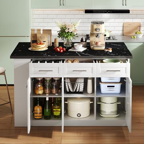 Arhatreya Isla de cocina multifuncional con 150 cm+96 cm, mesa de comedor extensible blanca, encimera de madera de mármol blanco y negro, armarios de almacenamiento integrados, ideal para cocinas