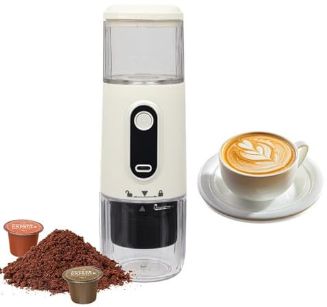 Tragbare Kaffeemaschine, 2-in-1, tragbar, Espressomaschine, wiederaufladbar, Kaffeepulver und Kapseln, mit 100 ml Wasserbehälter, für Büro, Camping, Reisen, Auto (beige)
