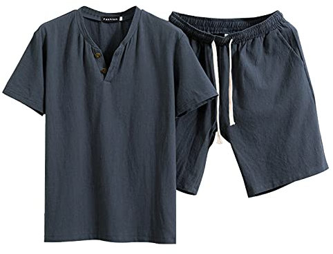 Tuta Di Lino Da Uomo Casual Fitness Camicia E Pantaloncini Taglie Forti Cotone E Lino Completi Sportivo Allenamento Jogging Tuta Palestra Con Elastico In Vita Spiaggia Maniche Corte Set 2 Pezzi