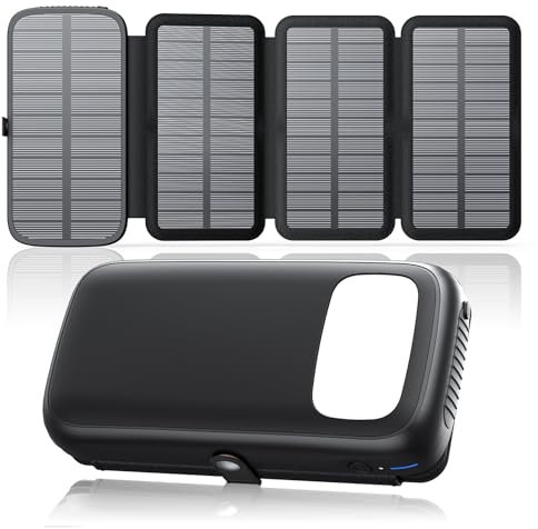 Chargeur Solaire Power Bank 27000mAh – FEELLE Batterie Externe avec 3 Sorties USB, Charge Rapide 15W, Lampe Torche Lumineuse Intégrée et 4 Panneaux Solaires Pliables, pour Smartphones Tablettes(Noir)
