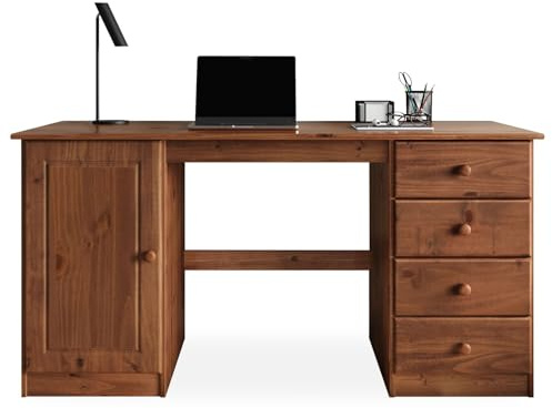 IDIMEX Schreibtisch Manager, Kastanie Farben - Bürotisch mit 4 Schubladen und Fach, Computertisch mit Stauraum aus Kiefer Massivholz, PC-Schreibtisch, klassisch