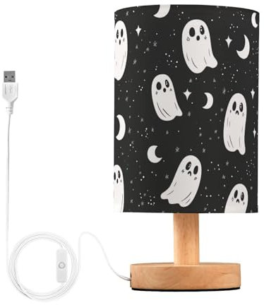 Fuauuyl Simpatico mostro bianco lampada da tavolo con porte di ricarica USB lampade da comodino per camera da letto lampada con paralume rotondo in tessuto di lino per soggiorno dormitorio camera da