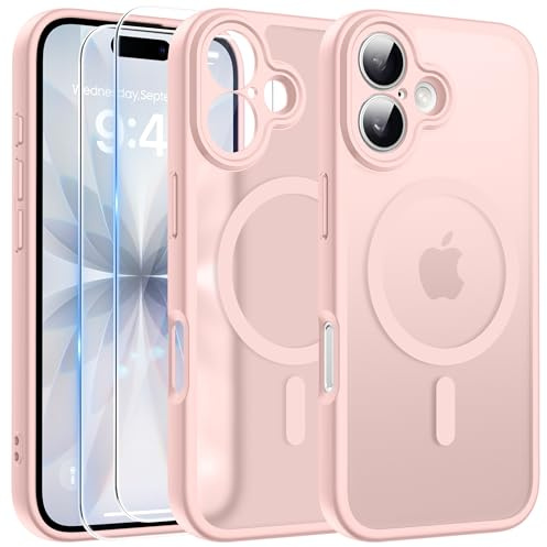 FLLAO Funda para iPhone 17, Compatible MagSafe, con 2 Piezas Protector de Pantalla Cristal Templado, [Protección de Cámara] Magnética Carcasa Translúcida Mate Trasera Fina Antigolpes, Rosa