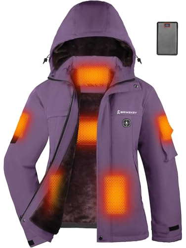 Brimekey Veste Chauffante Graphène Femme avec Capuche, Polaire Veste de Ski Imperméable et Coupe-vent avec Batterie 20000mAh, 6 Zones Chauffantes, 3 Niveaux de Température Pour Ski, Randonnée, Camping