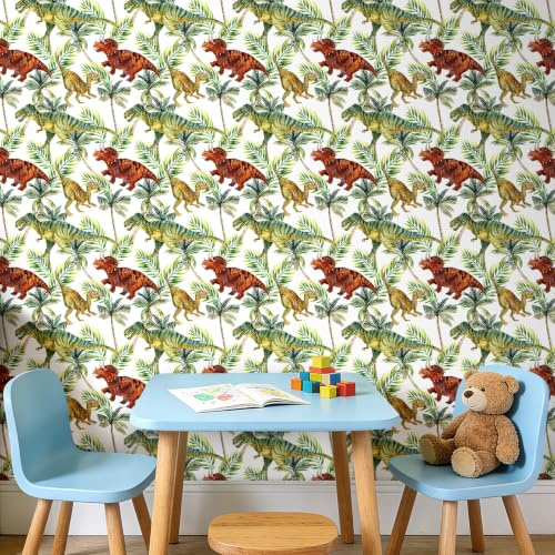 Decotalk Papier Peint Dinosaure Chambre Enfant 44.5cmX900cm Adhesif pour Meuble Mignon Vert Film Autocollant Decoratif pour Chambre de bébé Garçon Vinyle Adhesif Pour Décoration Salon Meuble Mur