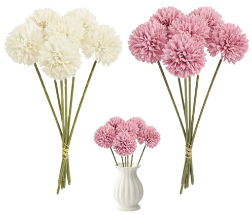 NINGYER 12 Pezzi Fiori di Ortensia Artificiale, 29 cm Ortensie Finte Realistiche, Fiori Palla Crisantemo di Seta per Decorazioni Casa, L'ufficio, Matrimoni e Feste (Bianco, Rosa Scuro)