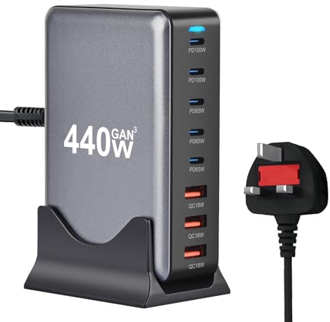 USB C Charger Hub 440W,GaN III 8 Port USB-C Charging Station Hub with 5 USBC and 3 USB A Port,Support Max PD100W, 65W, 18W Compatible with MacBook Pro,Steam Deck,iPh0ne 17/16/15 iPad Series,Sam-sung